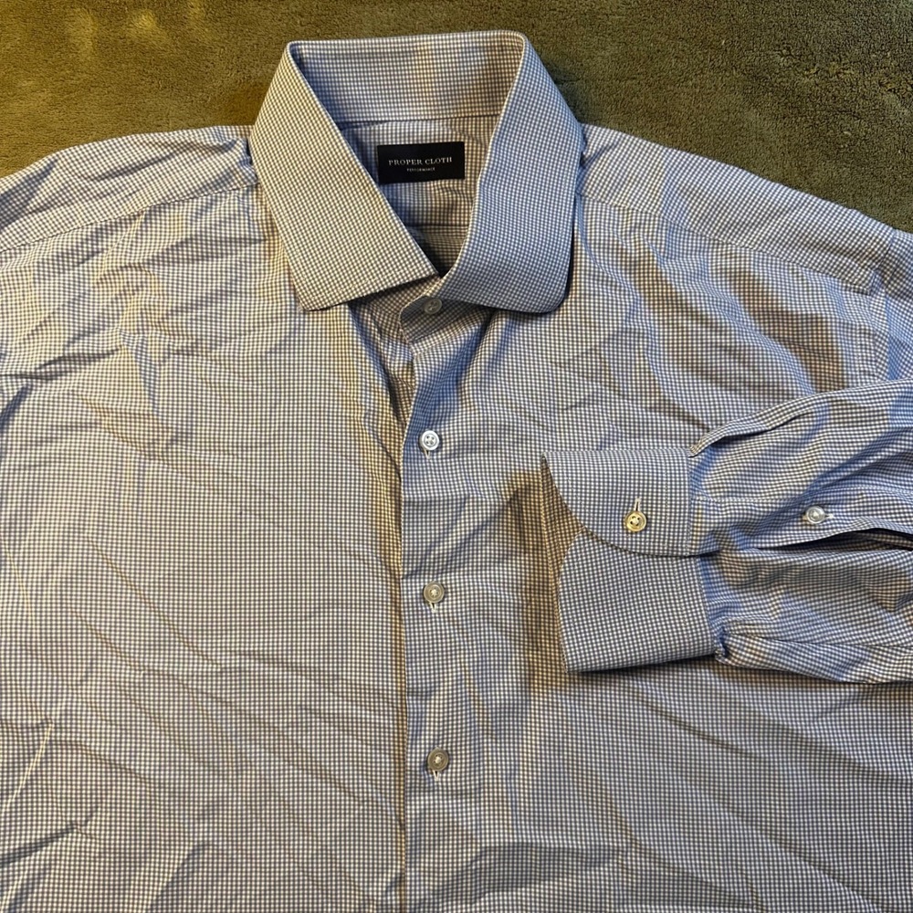 Proper Cloth Performance Dress Shirt Blue Gingham 17.5 XL Stretch PCF2147-17.5